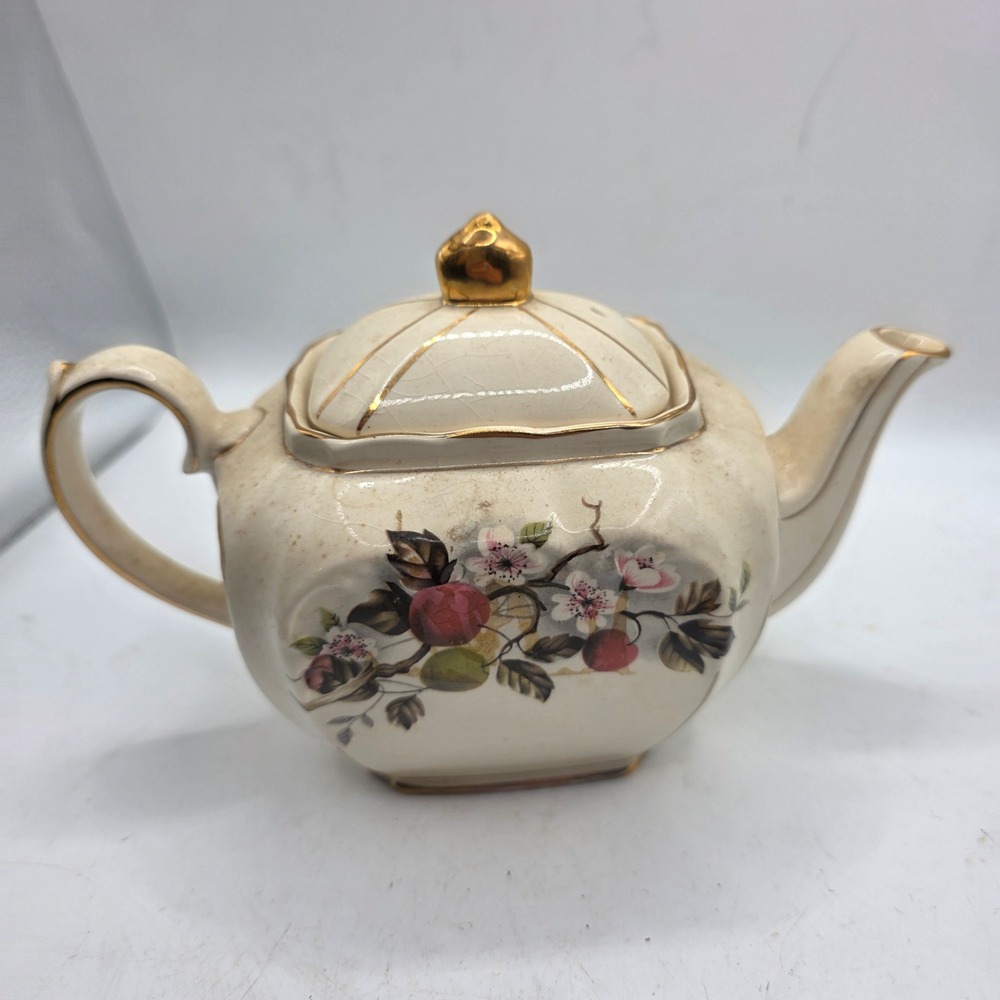 Vintage Sadler England Cube Teapot Fruit Floral Gold Trim Ceramic Tea Pot Lid